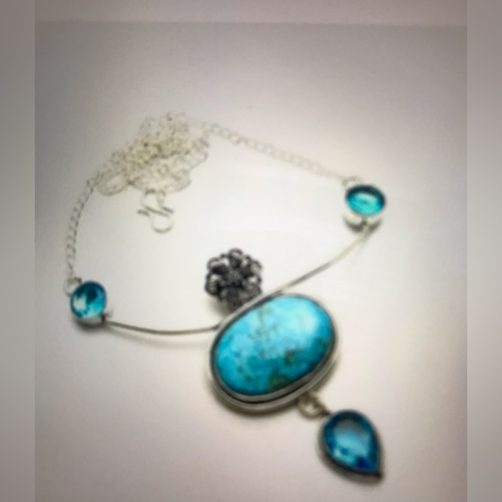 Turquoise Blue Topaz Stamped Solid 925 Sterling Silver Necklace